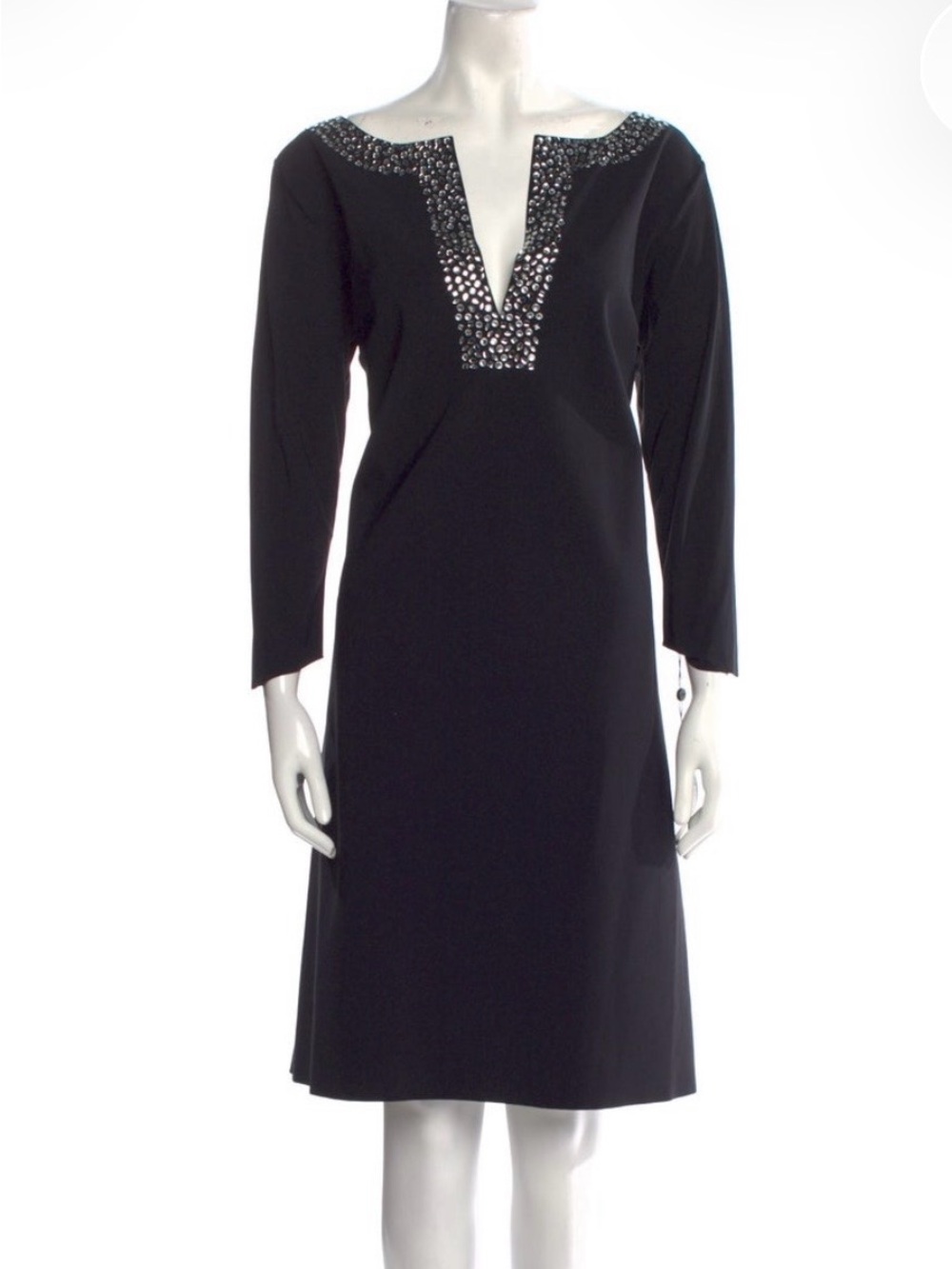 Chiara Boni Black Long Sleeve Cocktail Dress with Crystal-Embellished V-Neck